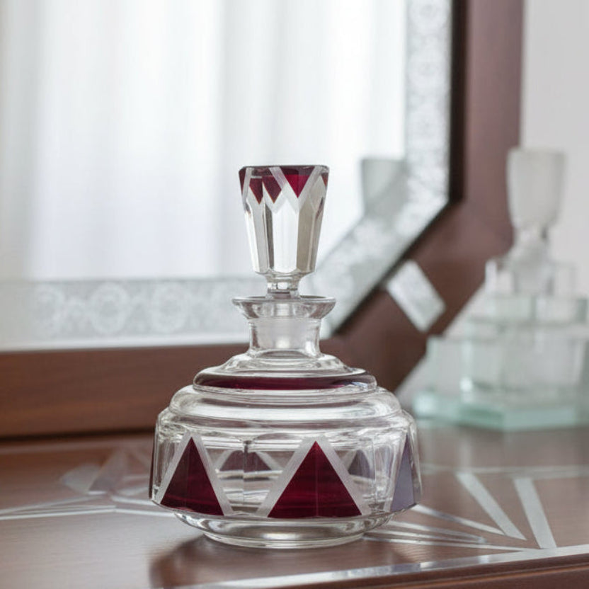 1930s Karl Palda Red Cologne Decanter & Stopper on a reflective surface