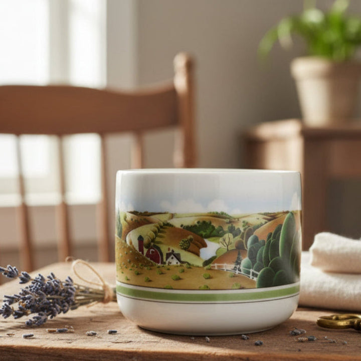 1980 Estée Lauder Porcelain Trinket Catchall: American Folk Art Decor on a farm table.
