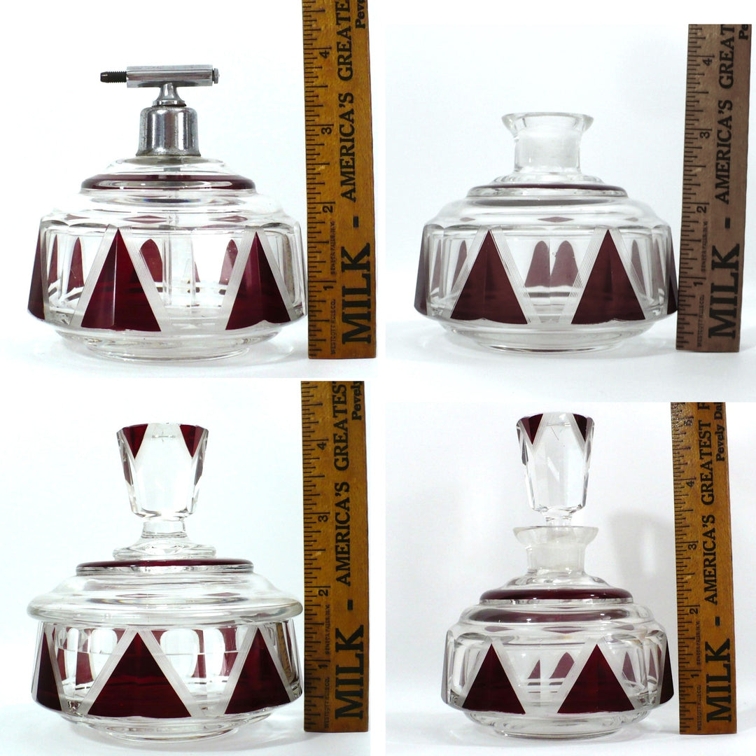A four-panel product with four pieces of the set, each with a ruler triangles.ext to each piece for scale.