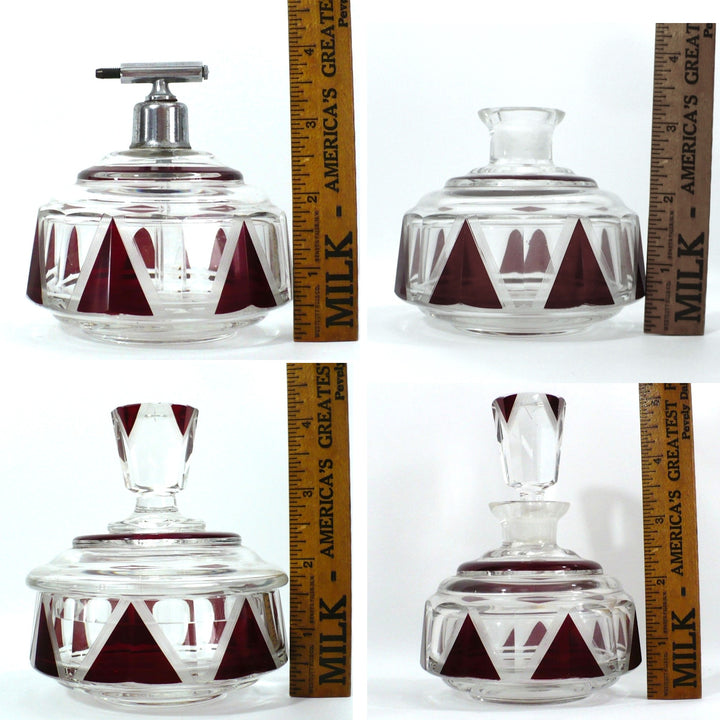 A four-panel product with four pieces of the set, each with a ruler triangles.ext to each piece for scale.