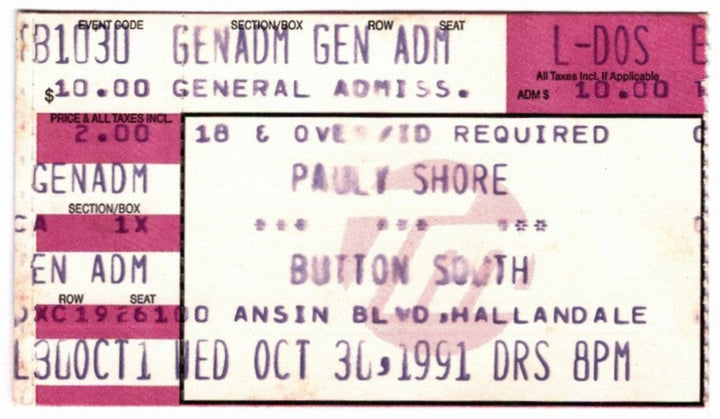 Pauly Shore The Future of America 1991 Ticket Stub, front.