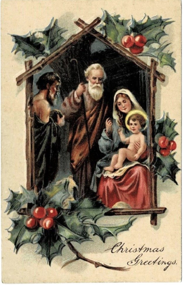 1909 Nativity Scene Christmas Manger Vintage Chromolithograph Postcard.