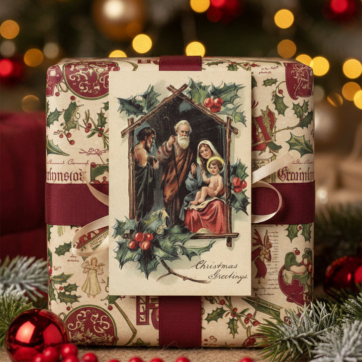 Decorative Christmas gift box with 1909 Nativity Scene Christmas Manger Vintage Chromolithograph Postcard, surrounded by festive decorations.