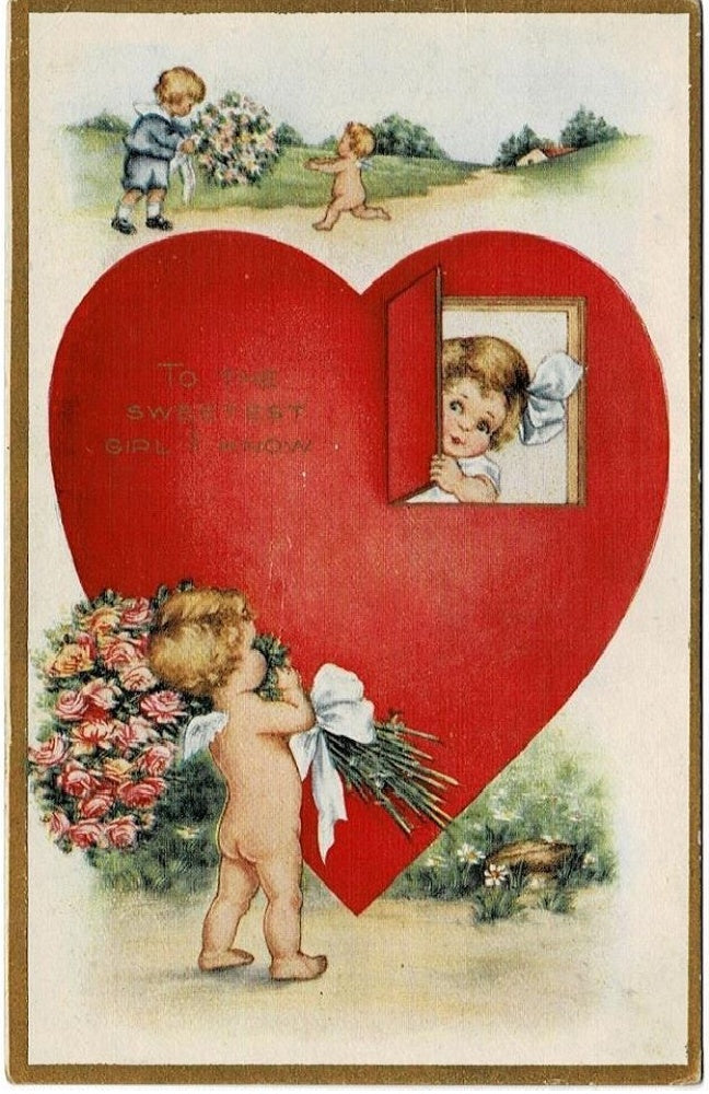 1920 Cupid Delivers Roses Gilded Embossed Vintage Valentine Postcard.