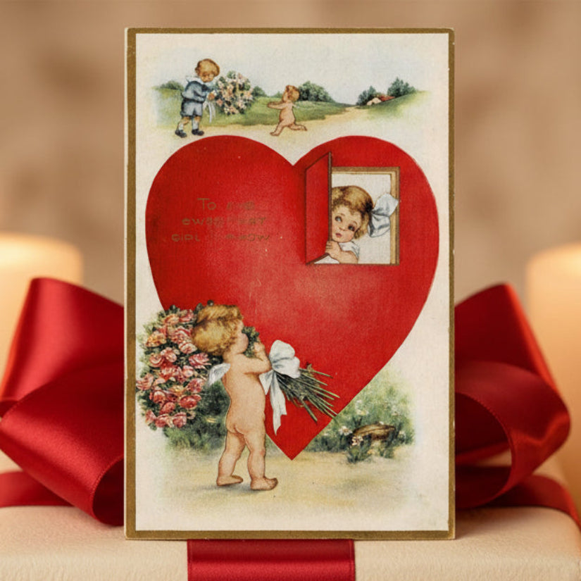 1920 Cupid Delivers Roses Gilded Embossed Vintage Valentine Postcard.