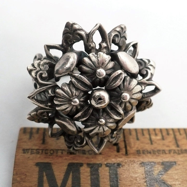 Vintage Silver Cannetille Floral Ring, next to ruler.