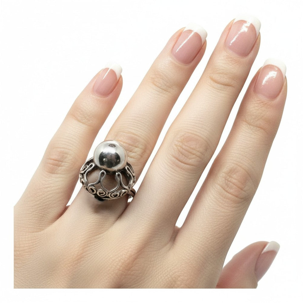 Size 8.5 Adj 1960s Groovy Silver Globe Statement Ring Vintage Boho  on hand.