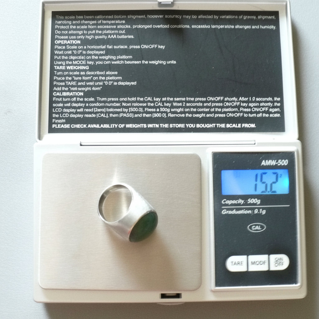 Size 8 Mens 1960s Aventurine Ring, Sterling Silver Modernist Dome Ring on scale.