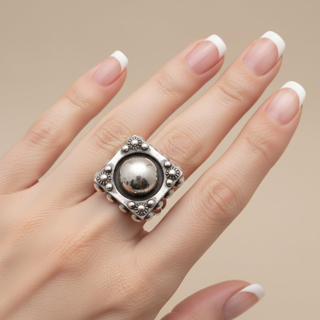 1960s Vintage Bohemian Rhapsody Enchanted Sphere Silver Statement Ring on hand.