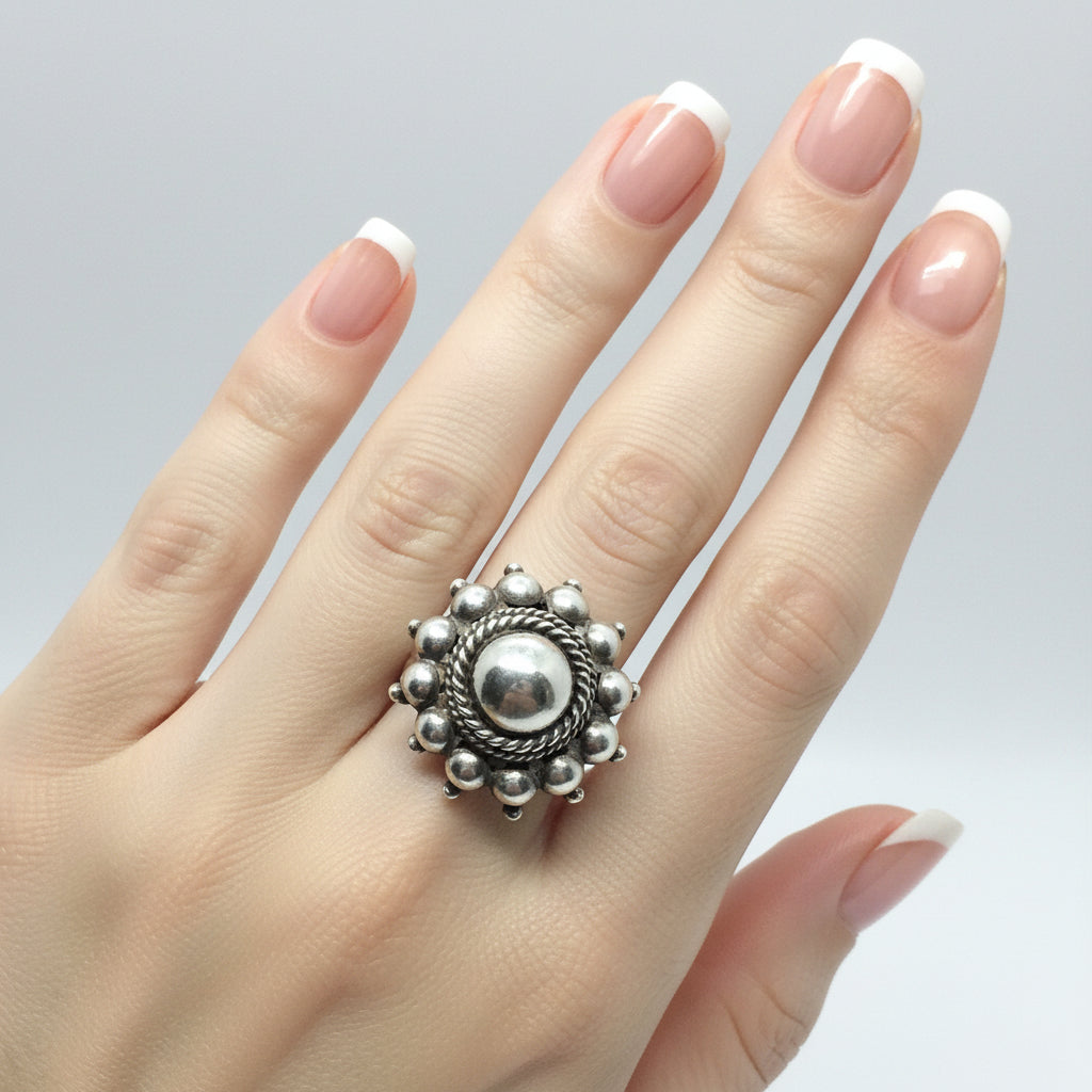 ADJ. Vintage Etruscan Revival Sterling Statement Ring Boho Glam  on hand.