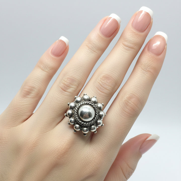 ADJ. Vintage Etruscan Revival Sterling Statement Ring Boho Glam  on hand.
