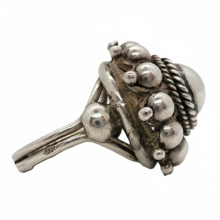 ADJ. Vintage Etruscan Revival Sterling Statement Ring Boho Glam side view.