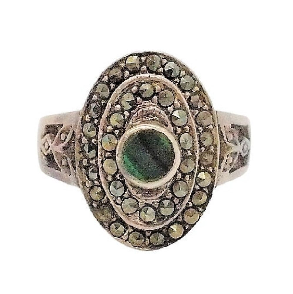 Size 8.75 Art Deco Cocktail Ring. Malachite and Pyrite Statement Ring, 1980s Get Lucky Vintage Jewelry.