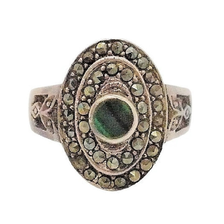 Size 8.75 Art Deco Cocktail Ring. Malachite and Pyrite Statement Ring, 1980s Get Lucky Vintage Jewelry.