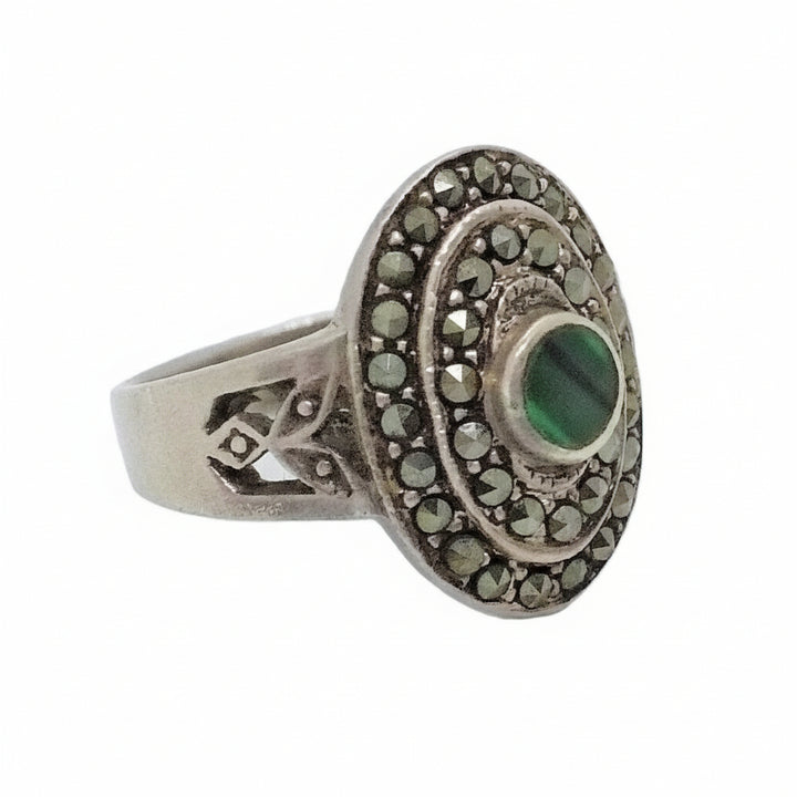 Art Deco Cocktail Ring. Malachite and Pyrite Statement Ring.