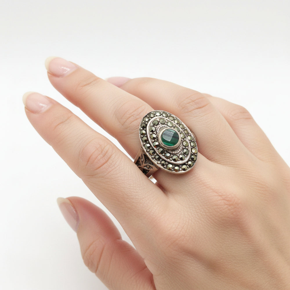 Art Deco Cocktail Ring. Malachite and Pyrite Statement Ring on hand.