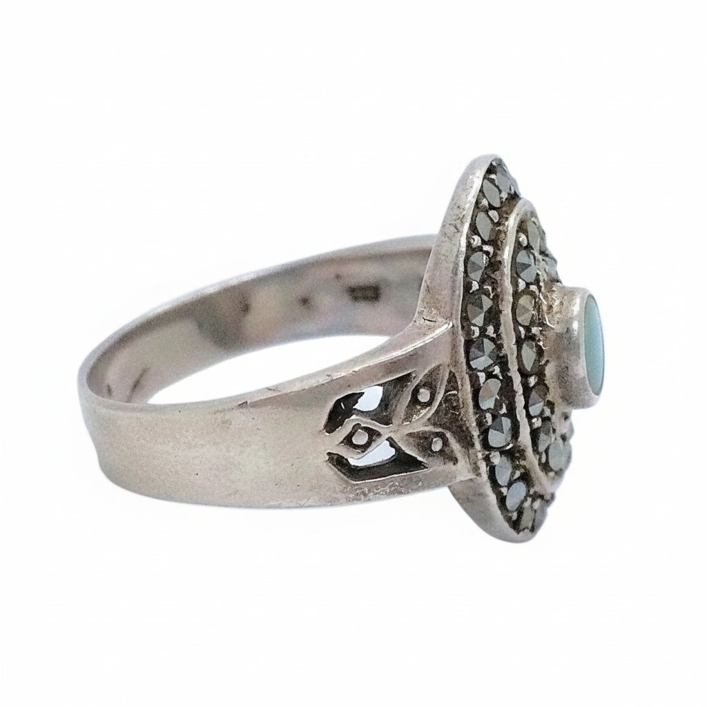 Art Deco Cocktail Ring. Malachite and Pyrite Statement Ring, side view.