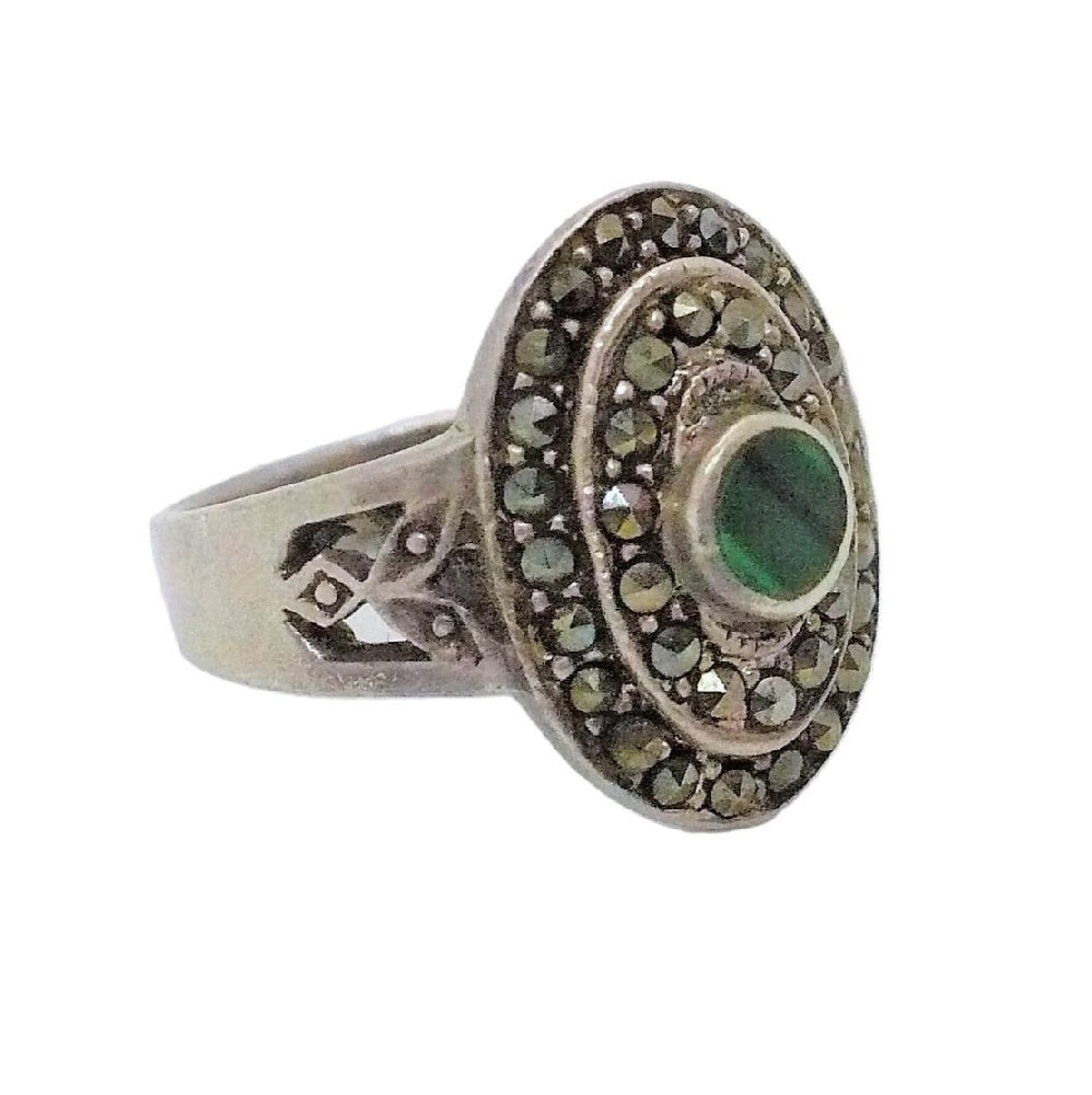 Size 8.75 Art Deco Cocktail Ring. Malachite and Pyrite Statement Ring, 1980s Get Lucky Vintage Jewelry.