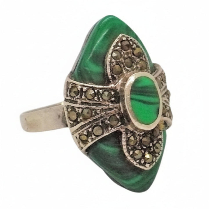 Art Deco Vintage 975 Silver Malachite Cocktail Ring Size 7.