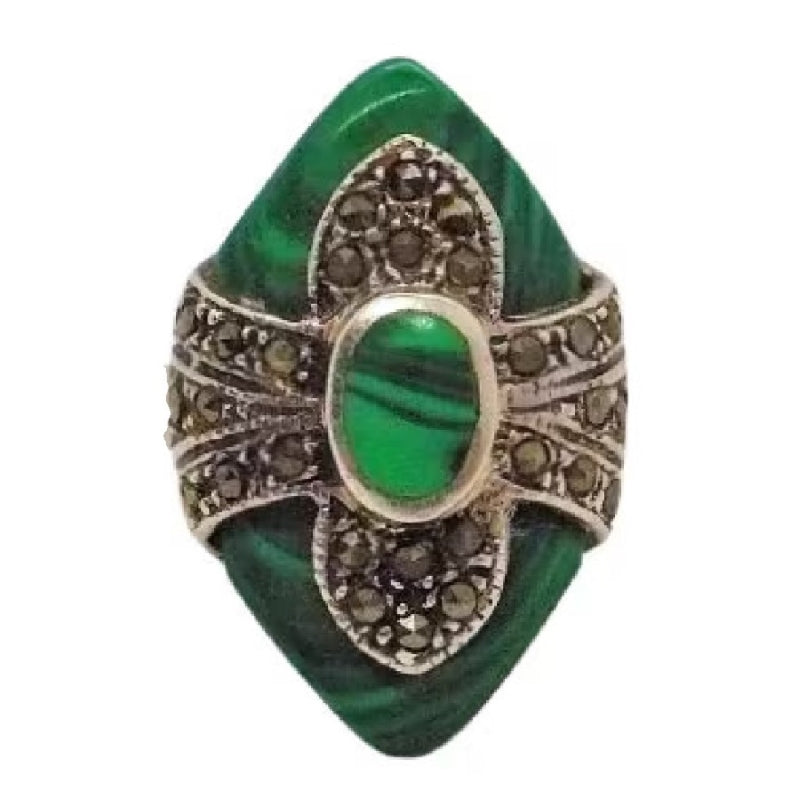 Art Deco Vintage 975 Silver Malachite Cocktail Ring Size 7.