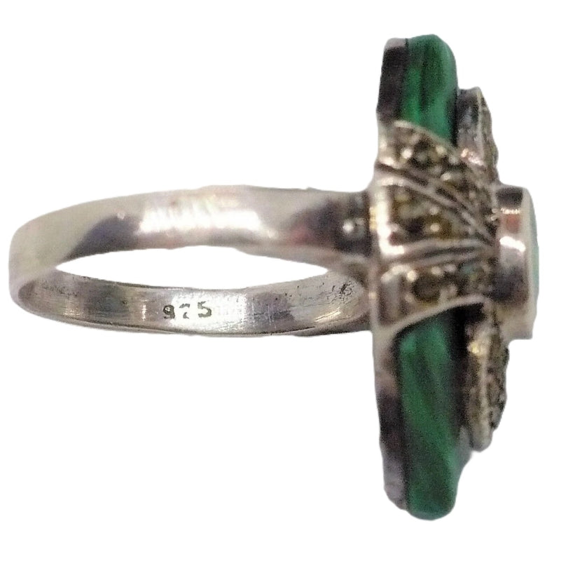Art Deco Vintage 975 Silver Malachite Cocktail Ring Size 7.