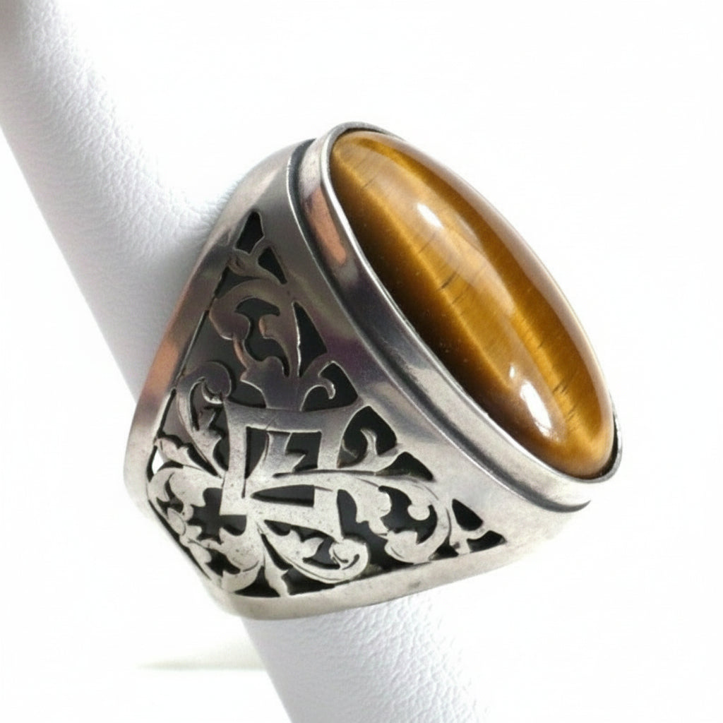Made In Israel Men's Tiger's Eye Signet Dome Sterling Ring .