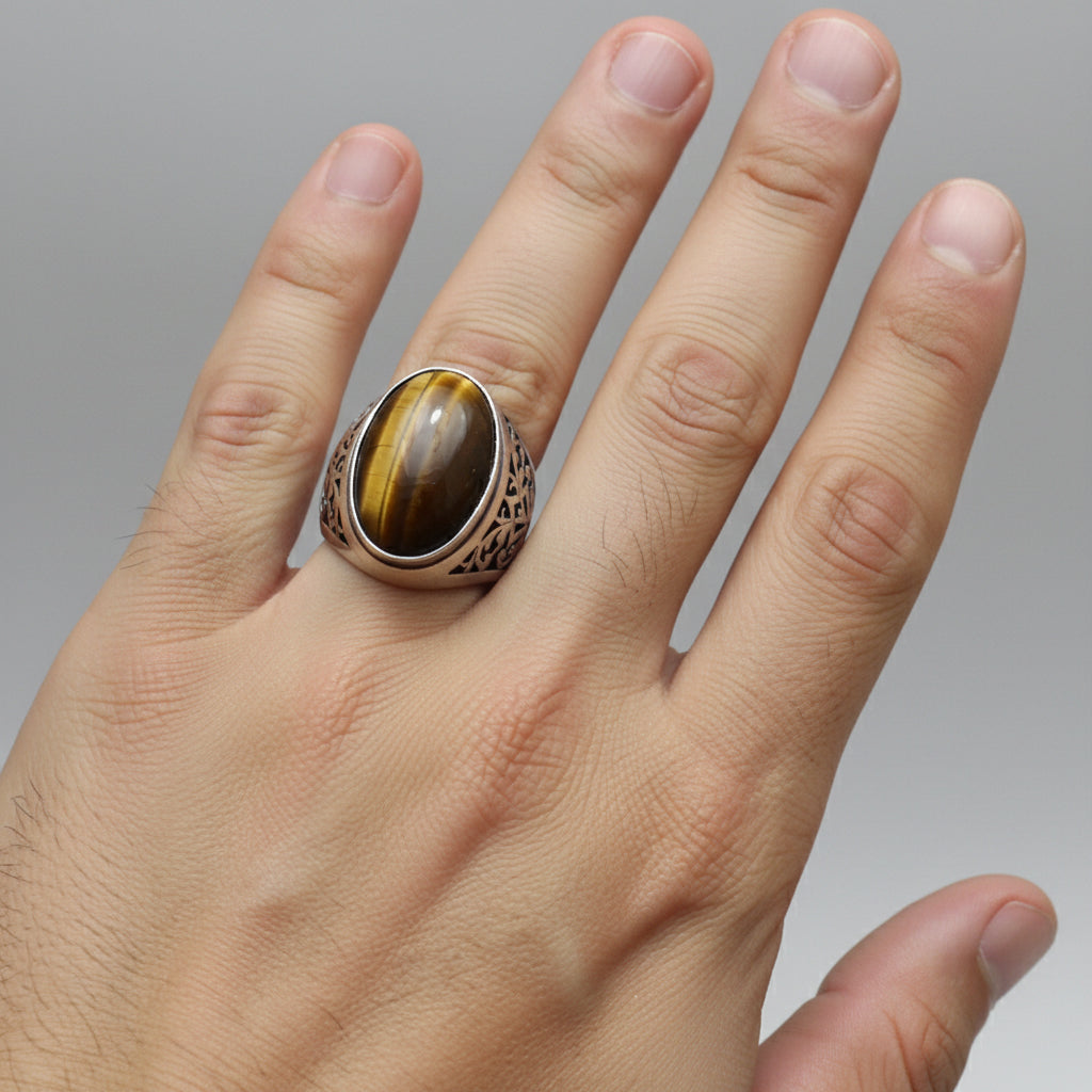 Made In Israel Men's Tiger's Eye Signet Dome Sterling Ring .