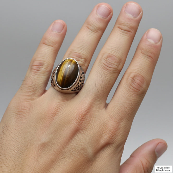 Vintage Sz 8.75 Tiger's Eye Israel Dome Gemstone Ring 1970s