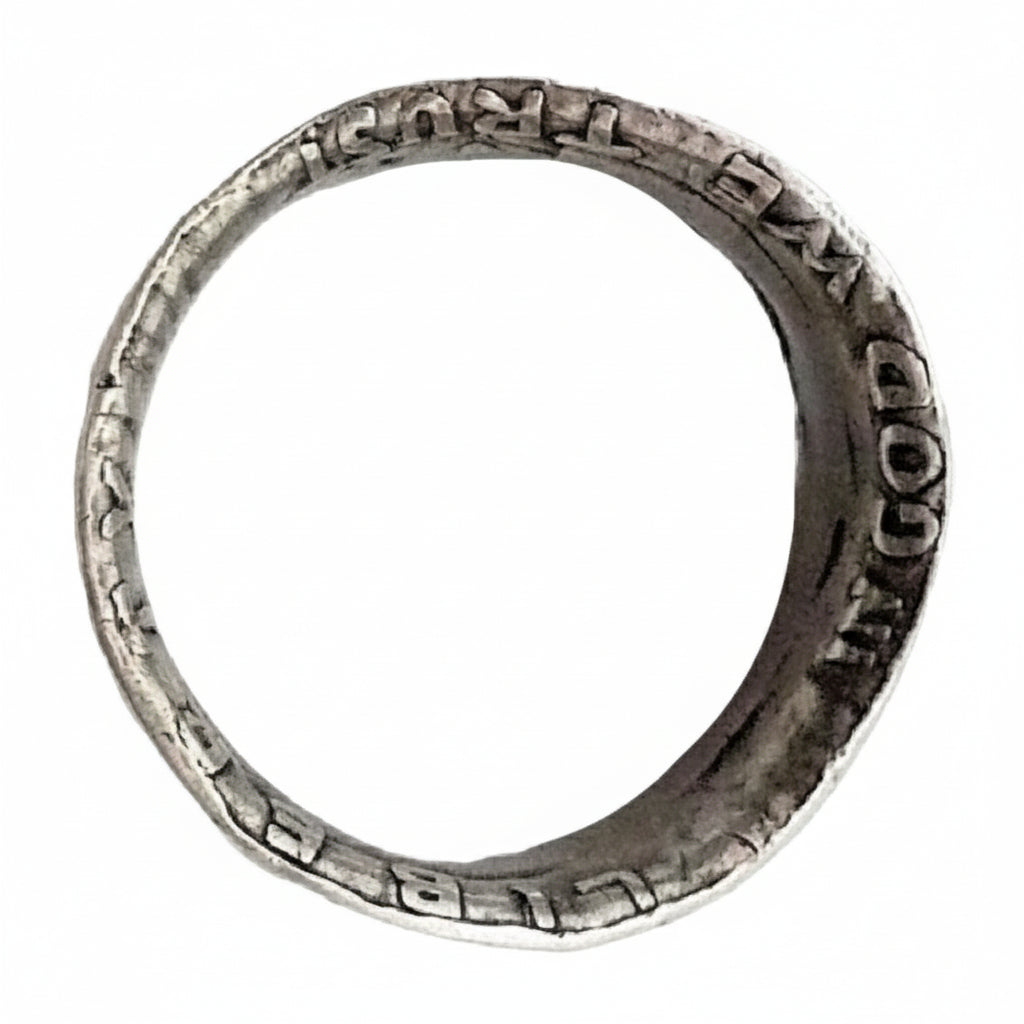  Liberty Coin Ring In God We Trust Vintage Patriotic Silver Band Ring shows "In God We Trust" on inside of band.