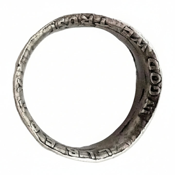  Liberty Coin Ring In God We Trust Vintage Patriotic Silver Band Ring shows "In God We Trust" on inside of band.