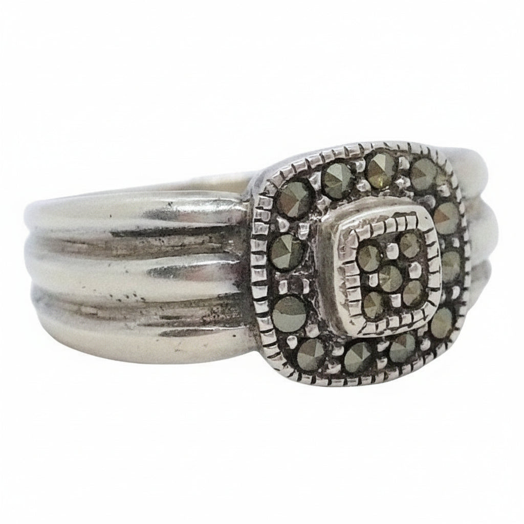 1980s Vintage Post Modern Pyrite Sterling Silver Statement Ring.