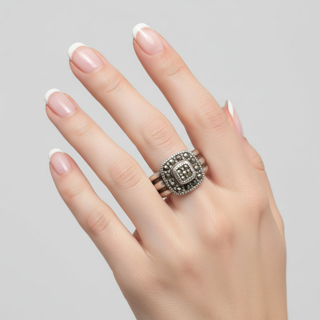 1980s Vintage Post Modern Pyrite Sterling Silver Statement Ring on hand.