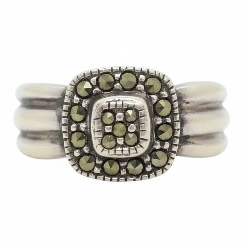 1980s Vintage Post Modern Pyrite Sterling Silver Statement Ring.