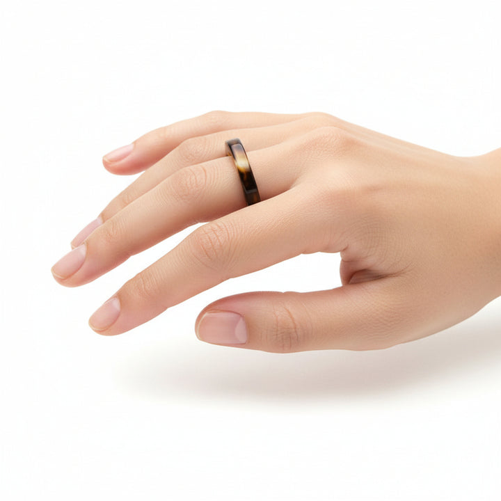 1960s Vintage Carved Hololith Squared Brown Agate Band Ring, on handd.