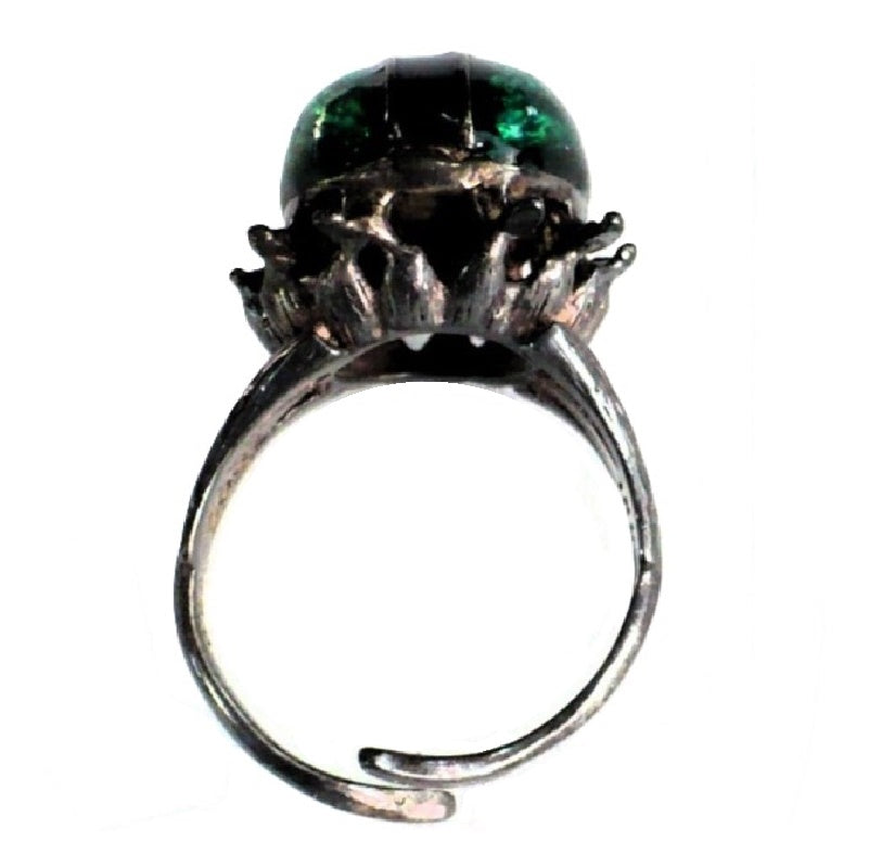 1950s Vintage Beetle Insect Ring in Silver with Green Enamel Wings.