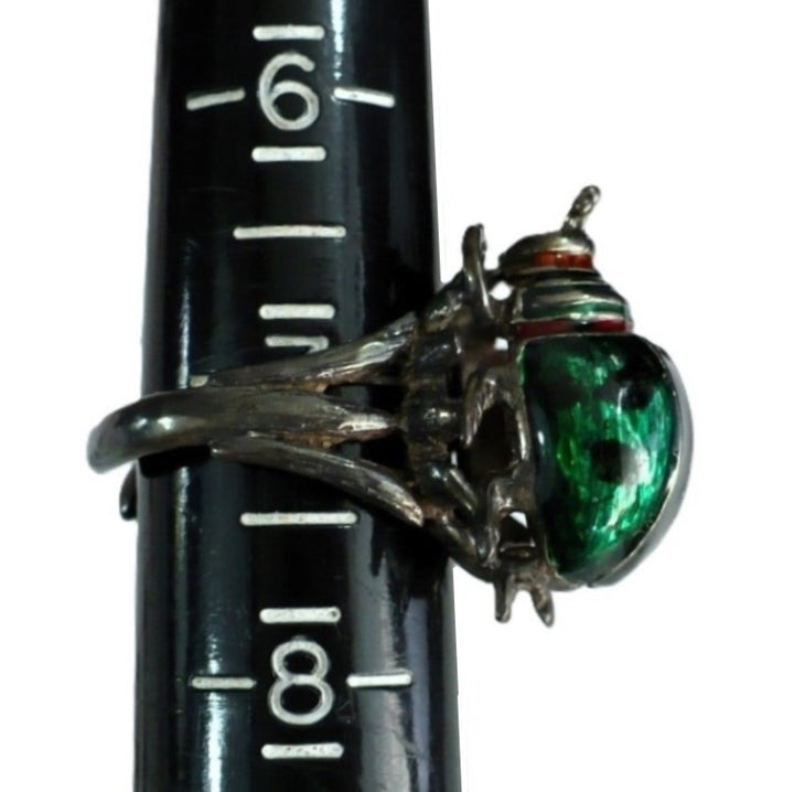 1950s Vintage Beetle Insect Ring in Silver with Green Enamel Wings.