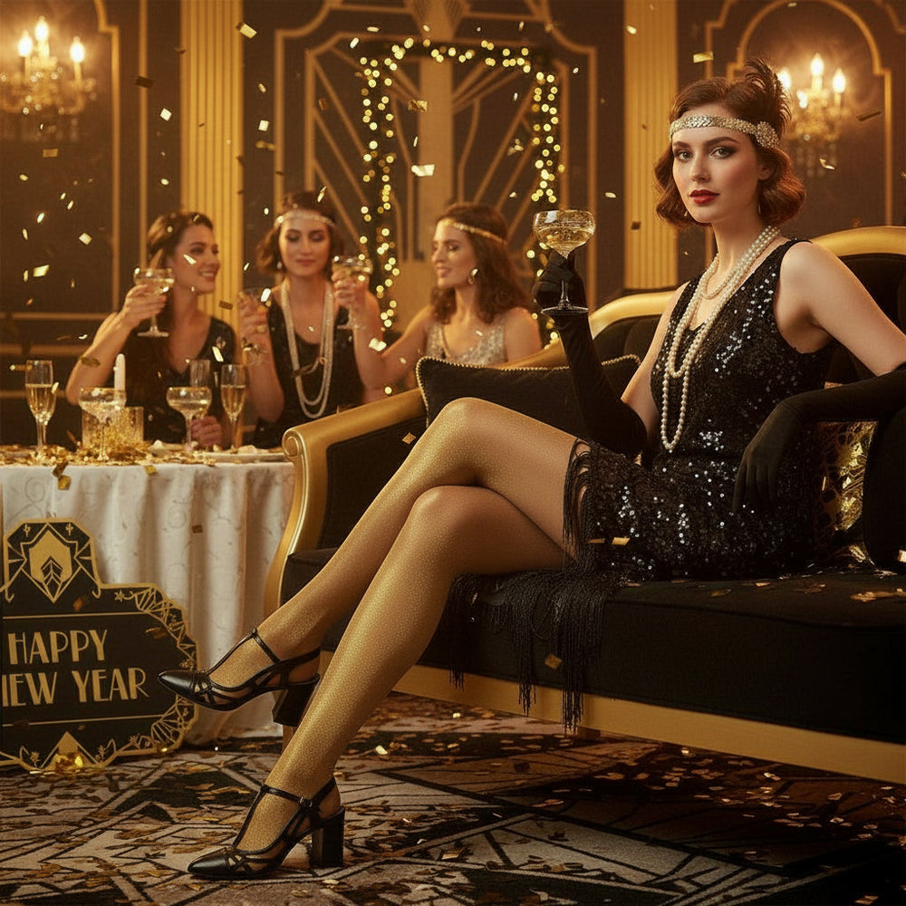 Woman wearing sparkling gold hosiery at a Gatsby New Year Party,