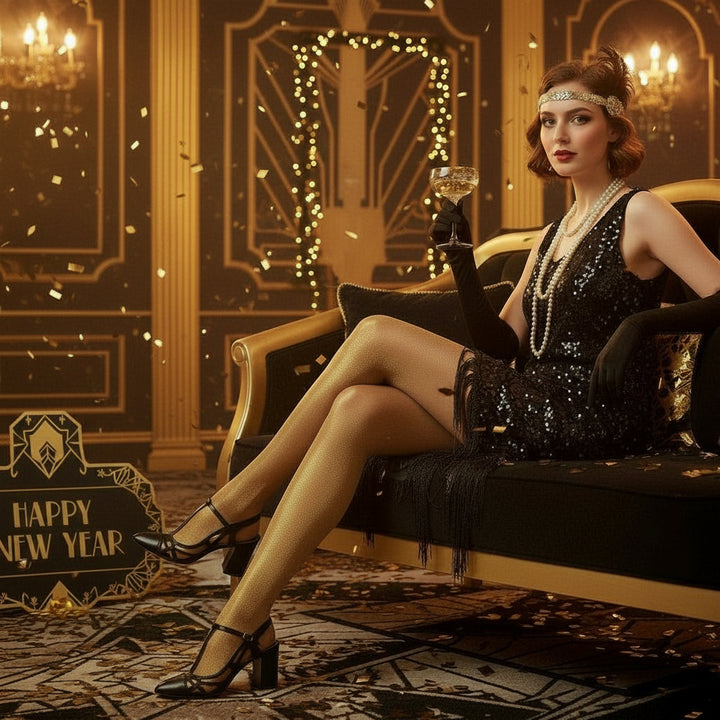 Woman in a black sequin dress wearing shimmering gold hosiery sitting on a couch with a 1920s New Year's Eve theme party in the background.