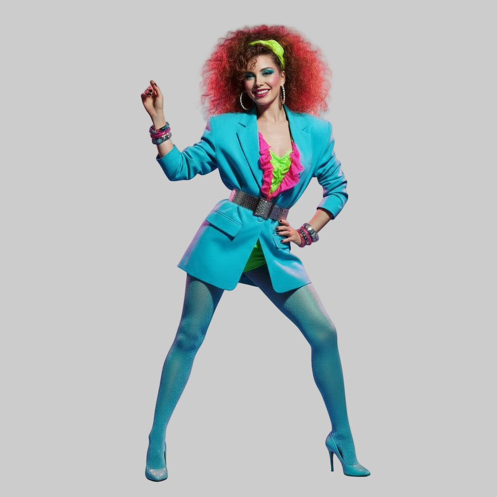 1980s Vintage Shimmering Turquoise Stockings Medium New Wave Punk on model with white background.