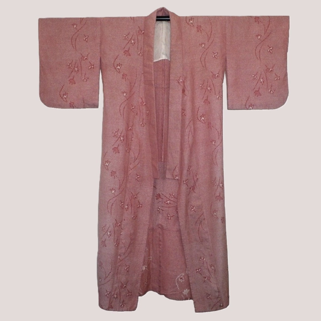 1970s-1980s Japanese Hitoe Kimono, Zha-Ran Textile displayed flat against a light beige background front view.
