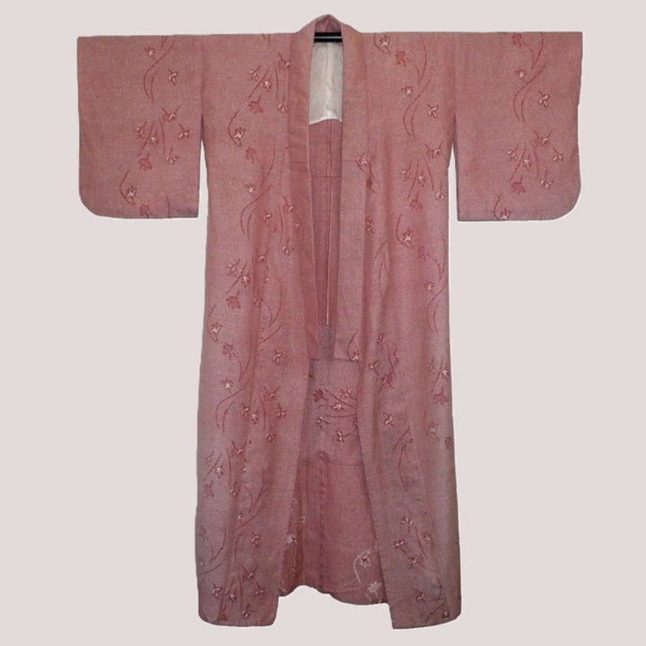 1970s-1980s Japanese Hitoe Kimono, Zha-Ran Textile displayed flat against a light beige background front view.