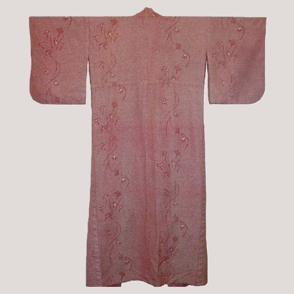 1970s-1980s Japanese Hitoe Kimono, Zha-Ran Textile displayed flat against a light beige background back view.