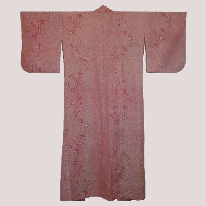 1970s-1980s Japanese Hitoe Kimono, Zha-Ran Textile displayed flat against a light beige background back view.