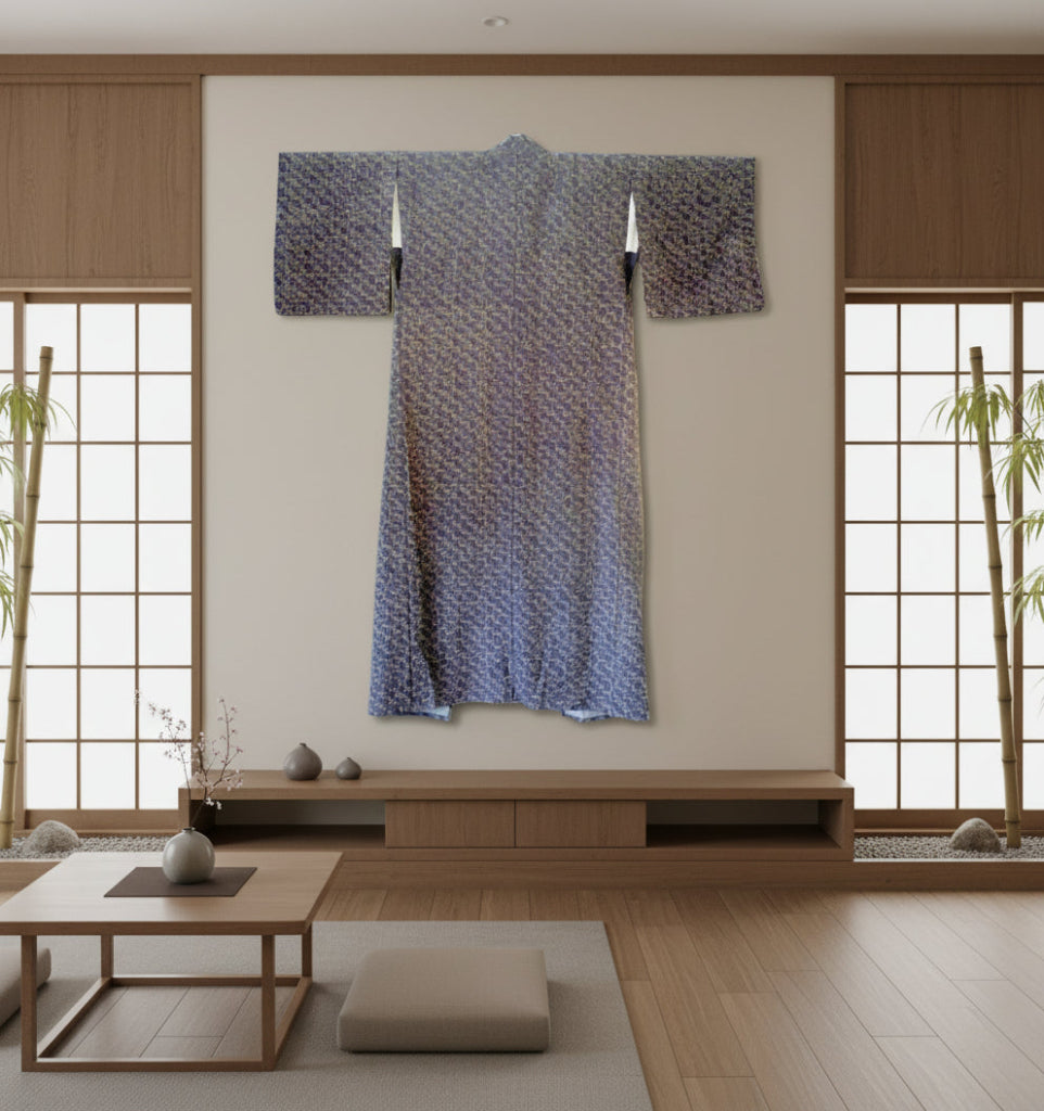 Shōwa Period Hand-Stitched Rayon Chirimen Kimono shown displayed on wall.