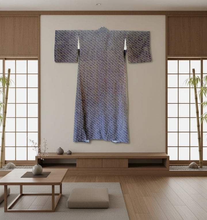 Shōwa Period Hand-Stitched Rayon Chirimen Kimono shown displayed on wall.
