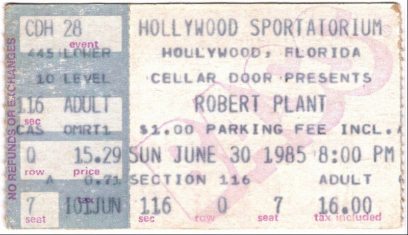 Robert Plant Shaken & Stirred 1985 Ticket Stub, front.