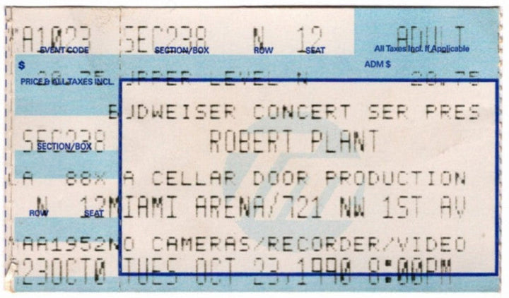 Robert Plant Manic Nirvana 1990 Ticket Stub, front.