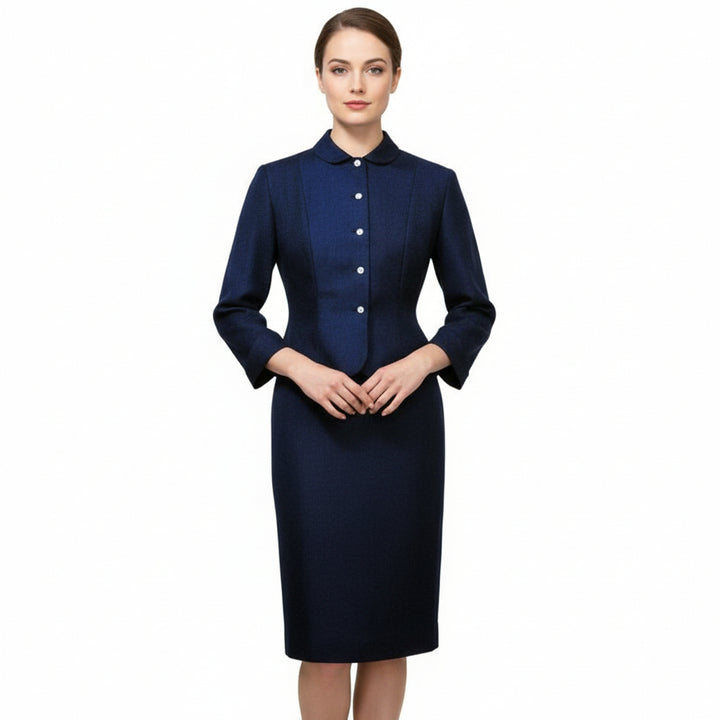 1950s Vintage Smart-fitting Navy Blue Skirt Suit on a model.