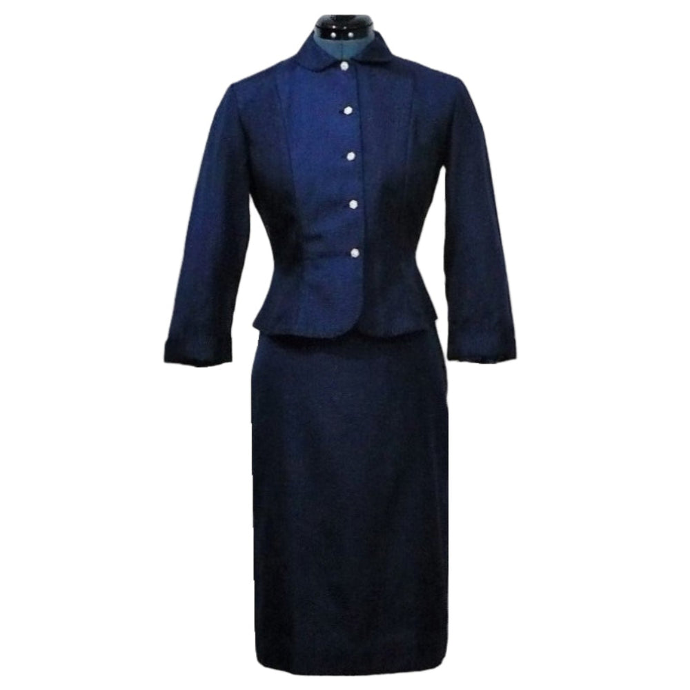 1950s Vintage Smart-fitting Navy Blue Skirt Suit on a dress form.