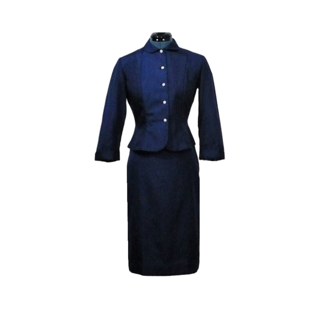 1950s Polished Rayon Blue Skirt Suit (Size: Small/Medium)